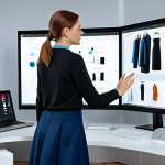 A professional female fashion designer, fully clothed in a chic, modest business-casual outfit, focused on a large monitor displaying advanced 3D fashion design software (like CLO3D or Marvelous Designer). She is in a modern, brightly lit design studio with sleek furniture and digital mood boards on the walls, showcasing innovative virtual clothing concepts. Perfect anatomy, correct proportions, well-formed hands, proper finger count, natural pose, professional photography, high quality, safe for work, appropriate content, fully clothed, family-friendly.