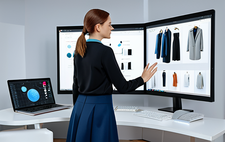 A professional female fashion designer, fully clothed in a chic, modest business-casual outfit, focused on a large monitor displaying advanced 3D fashion design software (like CLO3D or Marvelous Designer). She is in a modern, brightly lit design studio with sleek furniture and digital mood boards on the walls, showcasing innovative virtual clothing concepts. Perfect anatomy, correct proportions, well-formed hands, proper finger count, natural pose, professional photography, high quality, safe for work, appropriate content, fully clothed, family-friendly.